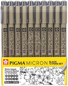 סט 10 עטי רפידוגרף שחור 0.03-1.2 סקורה pigma micron black 10 pens set sakura