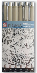 סט רפידוגרף ח"פ 6יח שחור עם טוש מכחול סקורה pigma manga intermediate skills set 6 pcs sakura