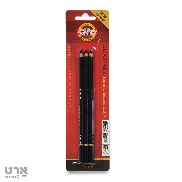 סט 3 עפרונות פחם שחור בחוזקים שונים koh-i-noor gioconda extra charcoal 2,3,4