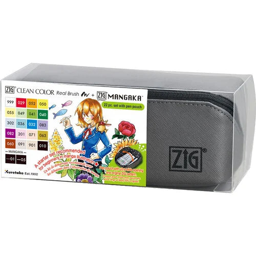 סט  22 טושי מכחול + טושי רישום זיג zig set clean color+ mangaka 22 pcs