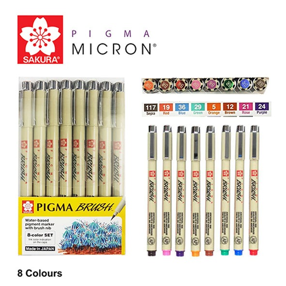 סט טושי מכחול 8יח סקורה pigma brush 8 color set sakura